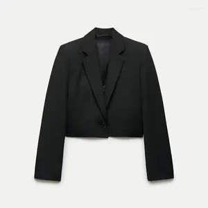 Kadın Ceketleri Monokromatik Yakası Omuz Pad Kısa Takım Ceket Siyah Vintage Mizaç Top Sokak Günlük Moda Bayanlar