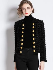 Autumn Winter Metal Double Breasted Tassel Bright Silk Wool Jacket Coat Women Black Tweed Short Cardigan Slim Outwear Top 240105