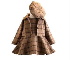 2018 nova moda 3 peças bebê meninas conjunto de roupas casaco vestido de baile chapéu outono inverno moda crianças traje xadrez roupas 2483936