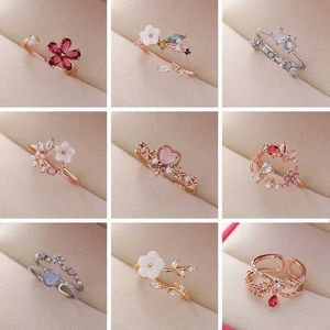 Ringas de banda New Moda Crystal Zircon Anéis Doce Flores Flores Borboleta Ajusta Ajusta Ajusta Ajusta Jóias Femininas Jóias PresenteL240105