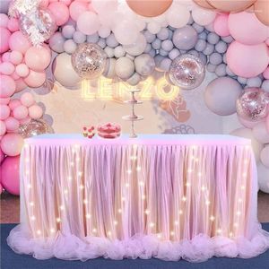 Table Skirt 4FT Pink With LED Light Tutu Tulle Tableware Cloth Wedding Baby Shower Birthday Christmas 2024 Party Decor