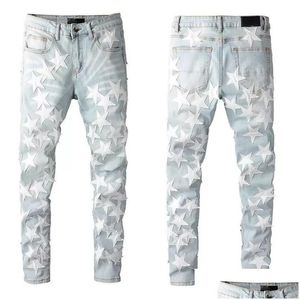 Jeans da uomo Skinny per pantaloni da uomo Designer Grey Rip Denim Biker Paint Di Pant Bone Slim Fit Stretch Moto Star Halloween Hip Hop St Dhjk3