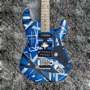 Hot sälja god kvalitet Edward Eddie Van Halen tung relik blå elektrisk gitarr svarta vita ränder Floyd Rose Tremolo Bridge Slantad pickup kan anpassas