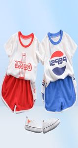 Модная летняя одежда для мальчиков и девочек, детская хлопковая футболка с колой, короткая 2 шт./компл., комплекты одежды для малышей, спортивные костюмы для младенцев T2006134901034