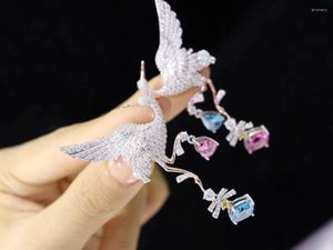 Baumelnde Ohrringe ZOCA Luxus 925 Sterling Silber Niedliche Kolibri-Ohrclips für Frauen Glänzender blauer Vogel Piercing Feiner Schmuck