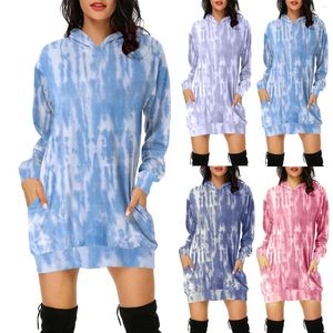 Casual Dresses Homecoming Off Shoulder Women Hoodies Dress Tie-Dye Printed Long Sleeve Hooded Tunic Pockets Maternity Midi