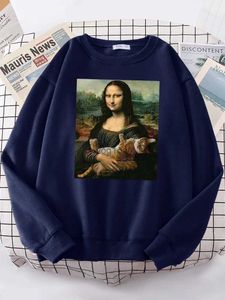 Felpe con cappuccio da donna Felpe T-shirt Mona Lisa che abbraccia il gatto Felpe con cappuccio femminili Kawaii Felpa con cappuccio casual alla moda Felpe larghe oversize Abbigliamento in pile caldo Donna