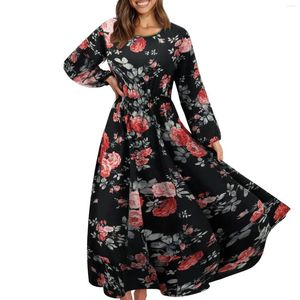 Casual Dresses Crewneck Floral Print långärmad maxi för kvinnor 2024 Trendiga elastiska högmidjan Ruffle Hem Flowy