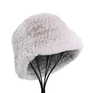 Luxury Women's Winter Genuine Rex Rabbit Fur Knitted Hat Bucket Caps Hats Fluffy Warm Beanies Lady Fashion Accessory 240106