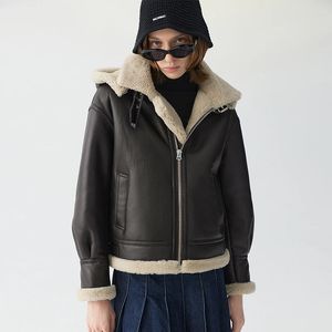 Cappotto da moto in lana d'agnello naturale caldo addensato da donna Cappotto invernale in pelliccia di pecora merino di lusso di fascia alta con cappuccio 240105