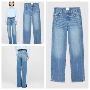 24SS Bings kvinnors jeans Ny nisch AB Access Control -knapp Hög midja med Split Blue Straight Leg Women's Denim Pants