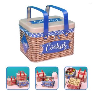 Storage Bottles Tea Jars For Loose Biscuit Box Rectangle Metal Cookie Can Handheld Tin Candy Handle Imitation Rattan