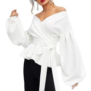 Shirts Women's Blouses & Shirts Ruffle Long Sleeve Elegant Polyester Daily Party Women Blouse Holiday Solid Casual Soft V Neck Tie Waist