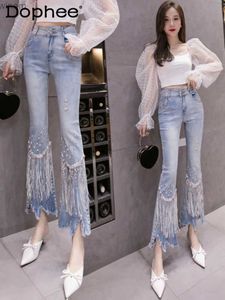 Dżinsy dżinsowe przemysł ciężki stretch szczupły kobiety wiosna jesienna wysoka talia rozerwana nieregularne spodnie typu bottom femalel240105
