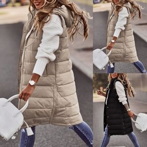 Gilet lunghi da donna caldo inverno senza maniche con cappuccio colletto con cravatta bottoni cappotti larghi gilet solidi femminili BYFS-BK4567 240106