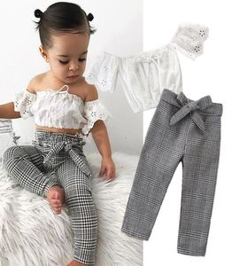 Baby Girls Suit Set Toddler Baby Girls Sleeveless Off Shoulder Tops and Plaid Pants Bows Summer Kids Two Piece Set Outfits A2119617083