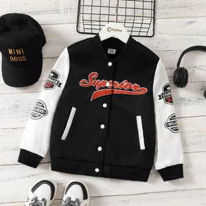 PatPat Kid BoyGirl Buttons Front Letters Embroidery Longsleeve Jacket Perfect for Outings and Daily Wear Basic Style 240105