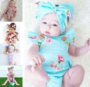 Bebê meninas macacão infantil floral bodysuit bandana ins recém-nascido babados manga 2 pçs conjunto botões macacões crianças subir roupas yfa812132418