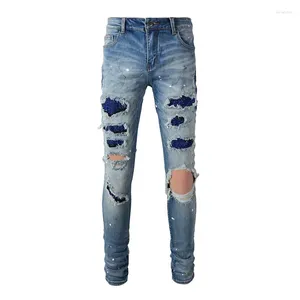 Мужские джинсы, потертые, светло-голубые, уличная одежда, эластичные, скинни, со стразами, с рваными дырками, граффити, High Street, Slim Fit, бренд
