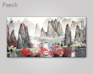 Chinesische Landschafts-Leinwandgemälde, Bilder aus rotem Ahorn und Boot, Vintage-Heimdekoration an der Wand, Kunst für Wohnzimmer 240106