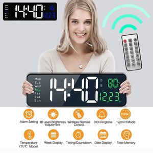 Large Digital Wall Clock Remote Control LED Clocks Temp Date Week Display Power Off Memory Table Wallmounted Dual Alarms 240106