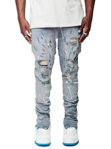 Men's Jeans Ink Sprayed Ripped Bleach Destroyed Washed Skinny Fitting Zipper Spliced Denim Pants