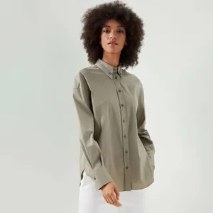 Kadın Bluzları İlkbahar ve Yaz Kadınlar Basit Parlak Boncuk Zinciri Poplin Uzun Kollu Gömlek