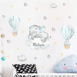 Cartoon Bear Air Balloon Clouds Gray Blue Custom Name Wall Stickers Watercolor Nursery Vinyl Wall Decals For Kids Room Decor 240105