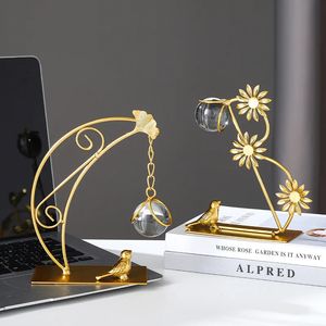 Home Decor Classical Golden Leaf Crystal Ball Crafts European Style Living Room Tabletop Cabinet Ornament Metal Desk Accessories 240106