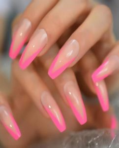 長いアクリルフレンチネイルチップピンクデザインvパターンcoffin false Nails cuved Nails Salon Professional Products1578734