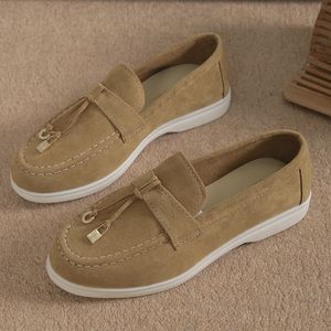 Kvinnor Flat Suede Summer Walk Shoes Metal Lock Slipon Lazy Loafers Causal Moccasin Bekväma mulor Kör 240106