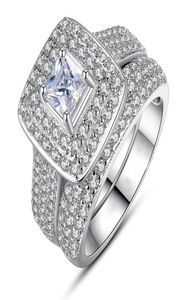 2 pçs conjuntos de anel de noivado de casamento para mulheres nupcial clássico corte quadrado zircônia cúbica cristal prata cor moda jóias chirstma2965380