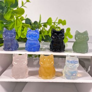 Stone Cute Cat Statue Natural Stone Crystal Hand Carved Healing Animal Figurine Reiki Gemstone Craft Home Decoration Holiday Gift Drop
