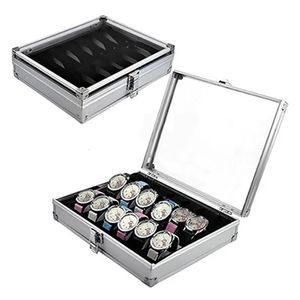 Användbar aluminiumklockor Box 12 GRID Slots smycken Watches Display Storage Box Square Case Suede Inside Rectangle Watch Holder 240105
