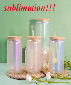 sublimation 16oz glass tumbler iridescent color glass can shimmering glasses with bamboo lid reusable straw holographic color beer7082721