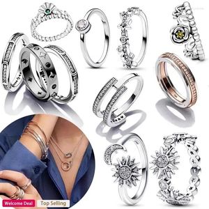 Cluster Rings 2024 Original Women's Crown Shining Daisy Logo Princess Star Ring Holiday Fashion Gift DIY Charm Jewelry