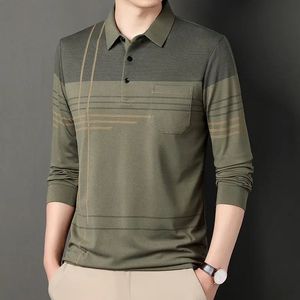 Streetwear Fashion Men Striped Polo Shirts Spring Autumn Cotton Male Clothes Pockets Long Sleeve Casual Loose Business Tops 240106