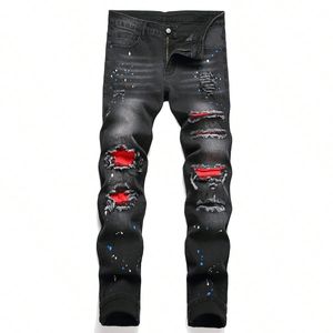 Jeans da uomo elasticizzati strappati skinny con ricamo stampa cartoon Jeans foro distrutto slim fit denim hip hop di alta qualità nero 240106