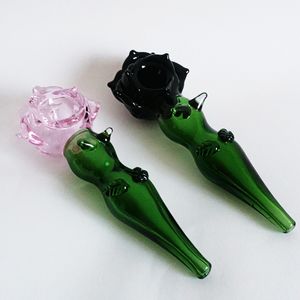 2024Factory Sale Glass Hand Pipe New Black&Pink Rose Thick Smoking Pipes Tobocco Spoon Burner 5.5inch Length