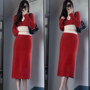 Work Dresses Lazy Style Knitted Suit For Women's Spring And Autumn Fashion Retro V-neck Pullover Sweater High Waisted Skirt Two-piece Set