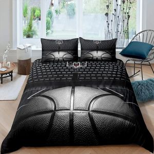 Комплект пододеяльников для баскетбола, черный 3D мяч, спортивная тема, постельное белье из микрофибры, соревновательные игры, King Quilt 240106