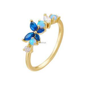Bandringe Opal Sapphire Schmetterlingsblume Cluster Einstellung Zirkonia 925 Sterling Silber 14K Gelbgold Ring für WomenL240105