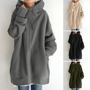 Kvinnor varma blixtlås långa hoodies harajuku casual ärm huva jacka vinter tröjor kvinnliga eleganta tröjor 240105