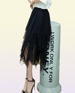 Skirts Women Irregular Mesh Skirt Summer Vintage Elastic Waist Pleated Mid Long Asymmetrical Korean Clothes5380309