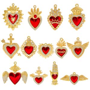 Pingente de cobre em formato de coração vermelho, pingente religioso banhado a ouro, coração vermelho, colar esmaltado, acessórios de joias