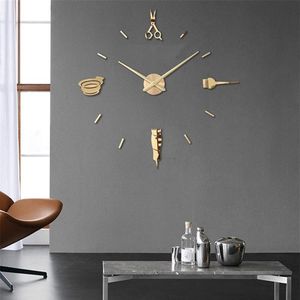 Barber Pole Shears Beauty Salon Diy Wall Art Giant Clock Big Needle Frameless Barbering Shop Frisyrande stor klocka 210325314O