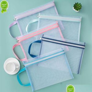 Storage Baskets Nylon Mesh File Bag A4 Transparent Zipper Test Paper Information Office Student Pen Subject Puzzle Drop Delivery Hom Dh9Ma