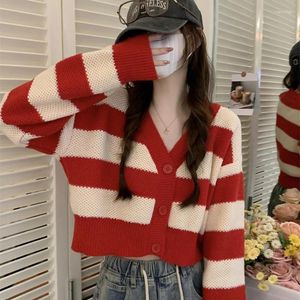 Damenstrick Herbst Winter Streifen V-Ausschnitt Knopf Frauen Strickjacke Pullover Lose Warm halten Gestricktes Crop Top Festival Festliches Jahr Kleidung Rot