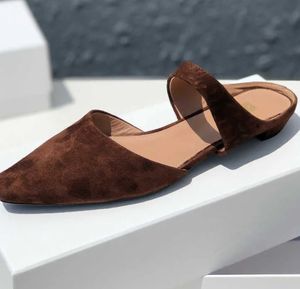 Niche toteme French deerskin suede muller shoes with square toe and genuine leather toe half drag low heeled sandals French sandals slipper summer the row 58P1