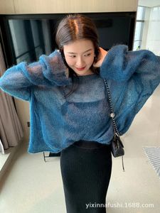 Women Pullover Solid Color Mohair Sweater Loose Oversized Sexy Off Shoulder Hollow Knit See Through Harajuku Long Sleeve Sweater 240105